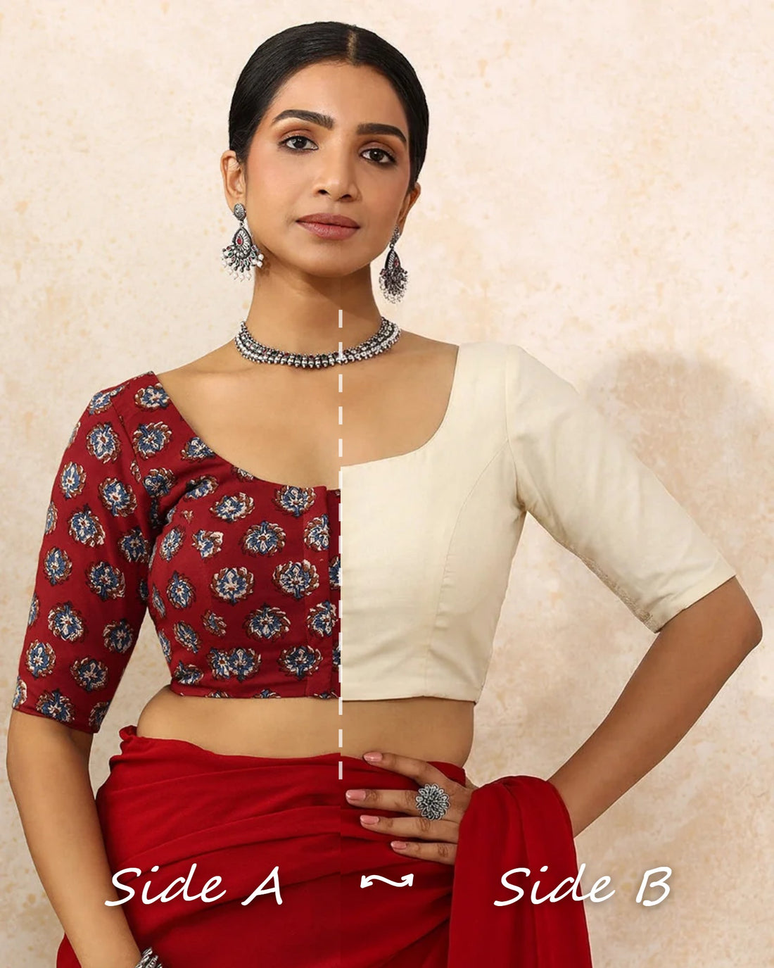 Neha Reversible Duet | Crimson Field × Chalk White Cotton-Linen Saree Blouse — Side A and Side B