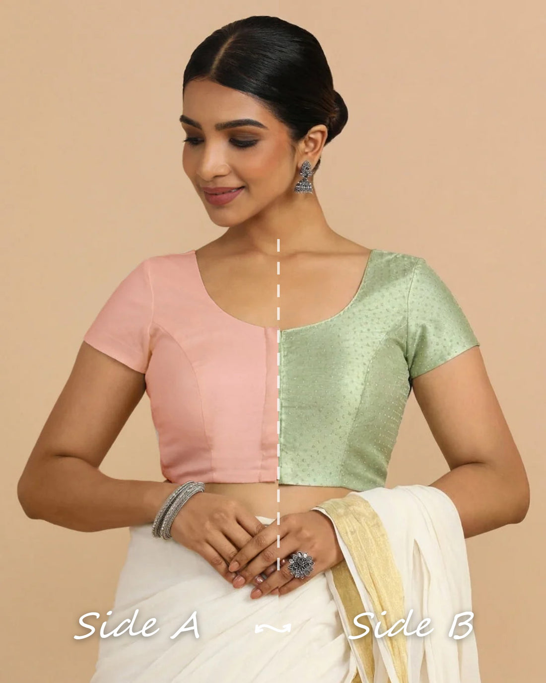 Krusha Reversible Duet | Light Green × Misty Pink Chandheri-Linen Saree Blouse — Side A and Side B