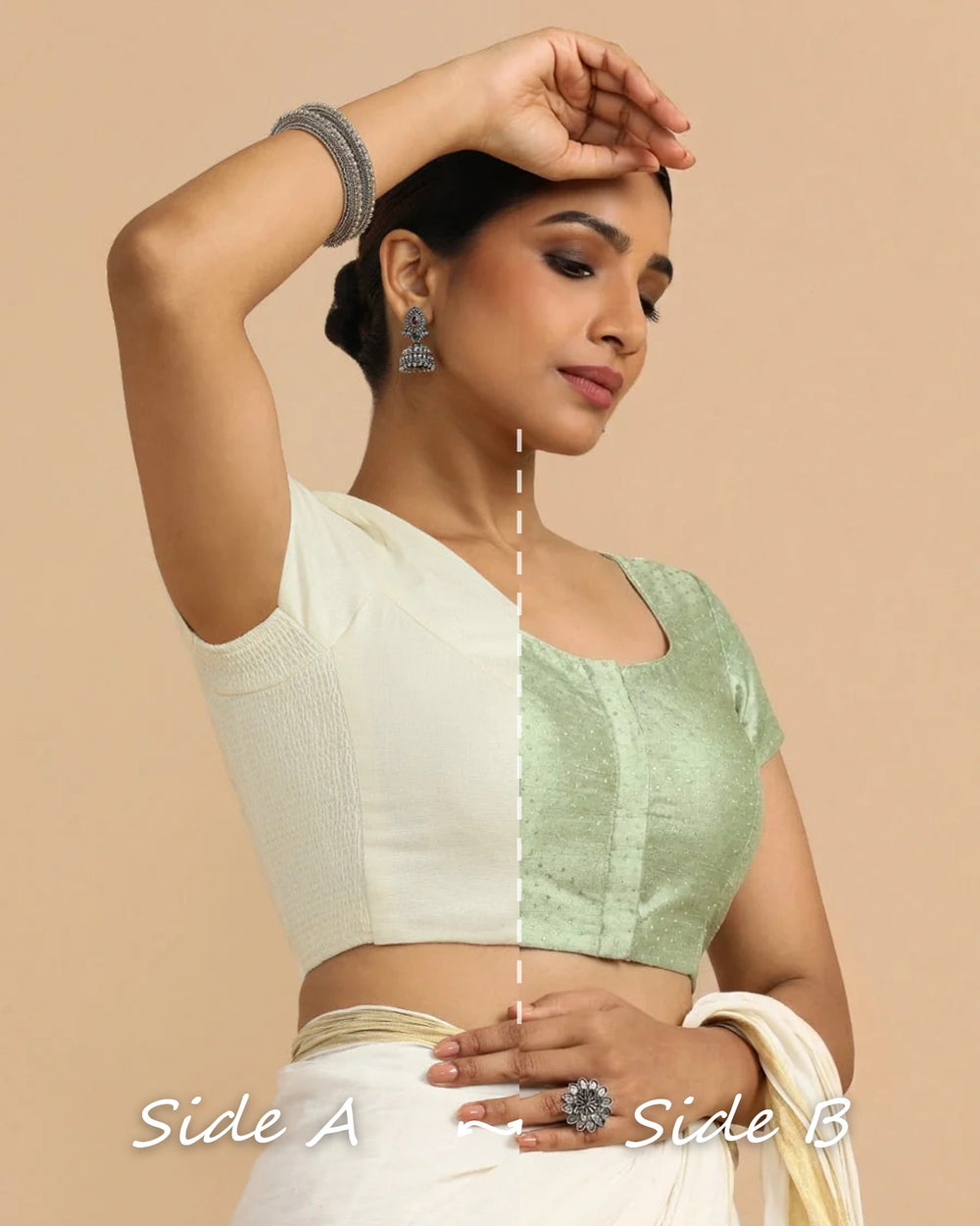 Krusha Reversible Duet | Light Green × Chalk White Chandheri-Linen Saree Blouse