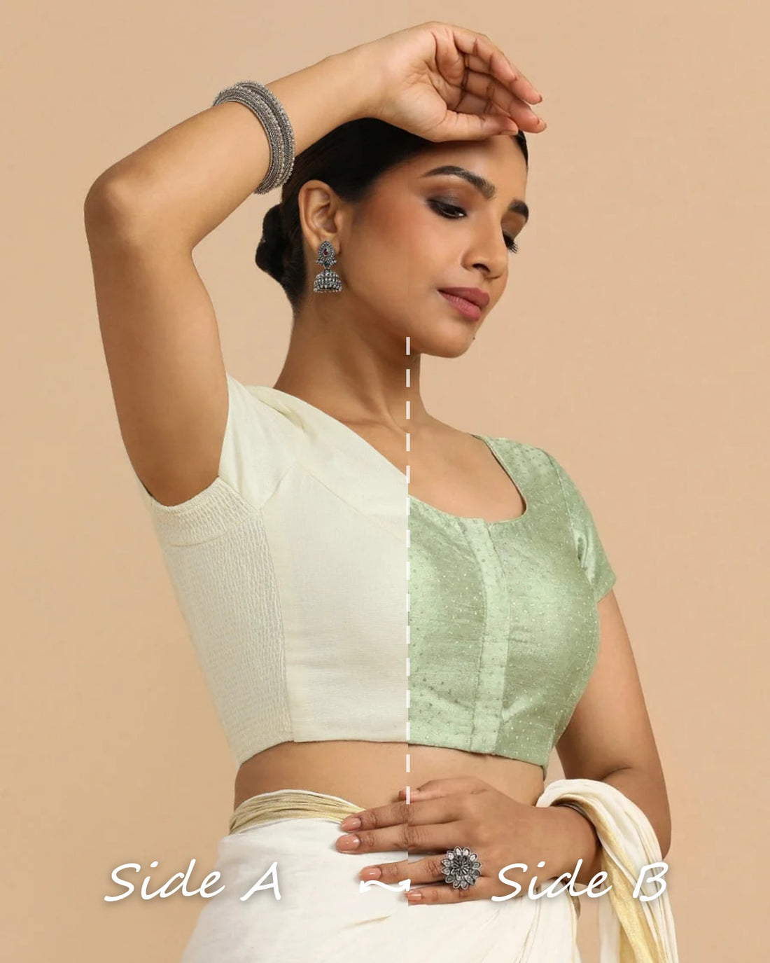 Krusha Reversible Duet | Light Green × Chalk White Chandheri-Linen Saree Blouse — Side A and Side B