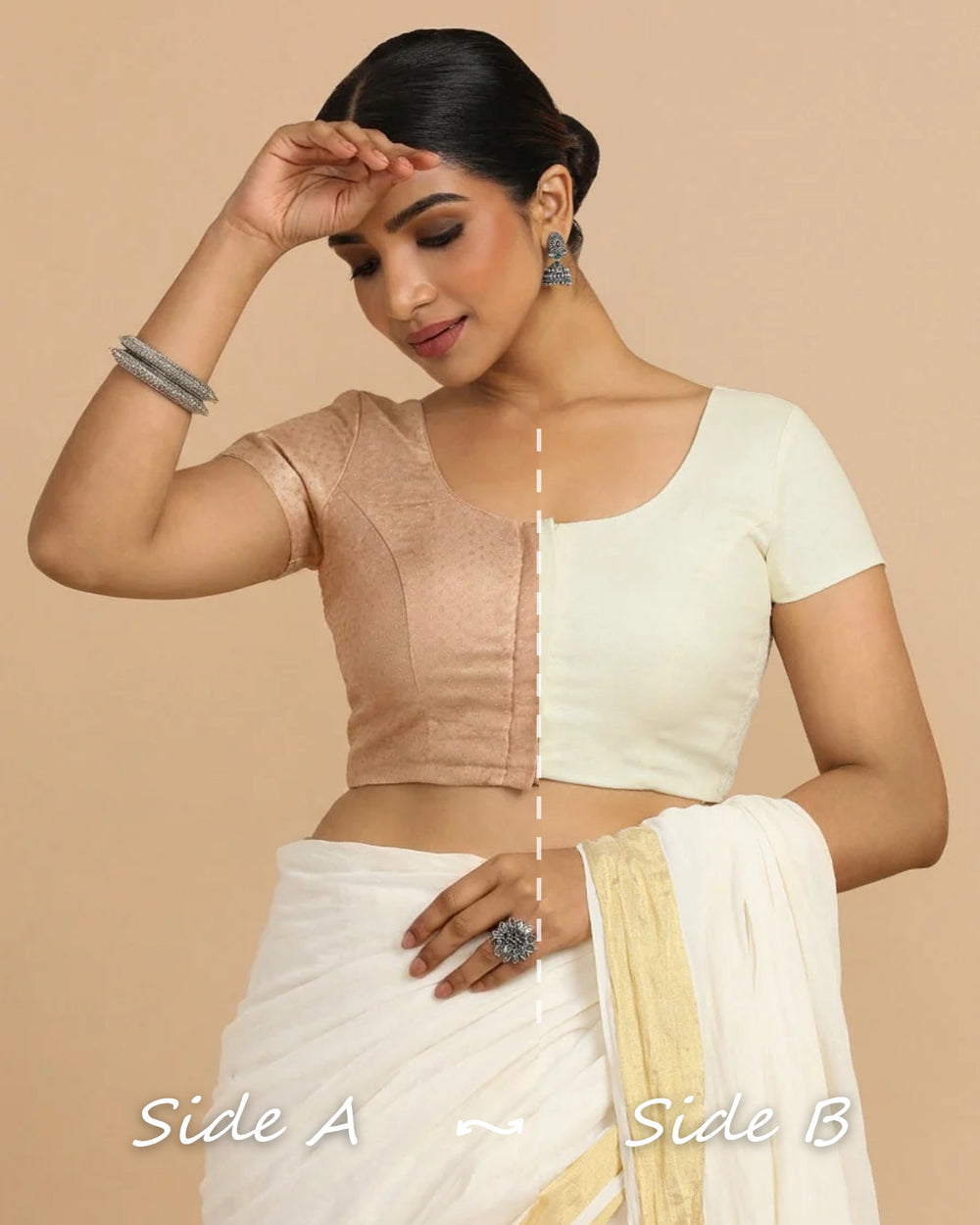 Krusha Reversible Duet | Muted Copper × Chalk White Chandheri-Linen Saree Blouse