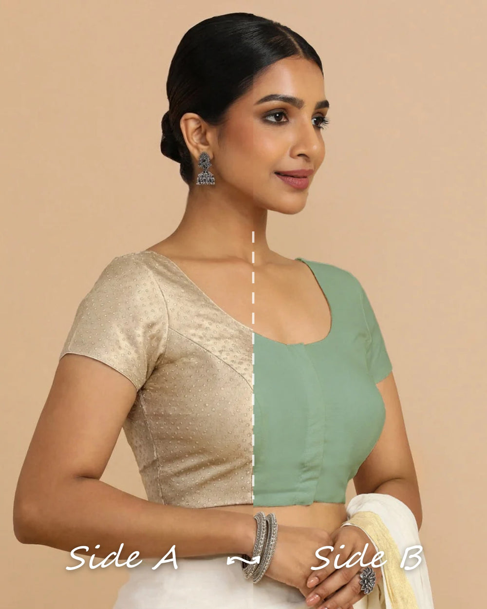 Krusha Reversible Duet | Oyster Grey × Peppermint Green Chandheri-Linen Saree Blouse