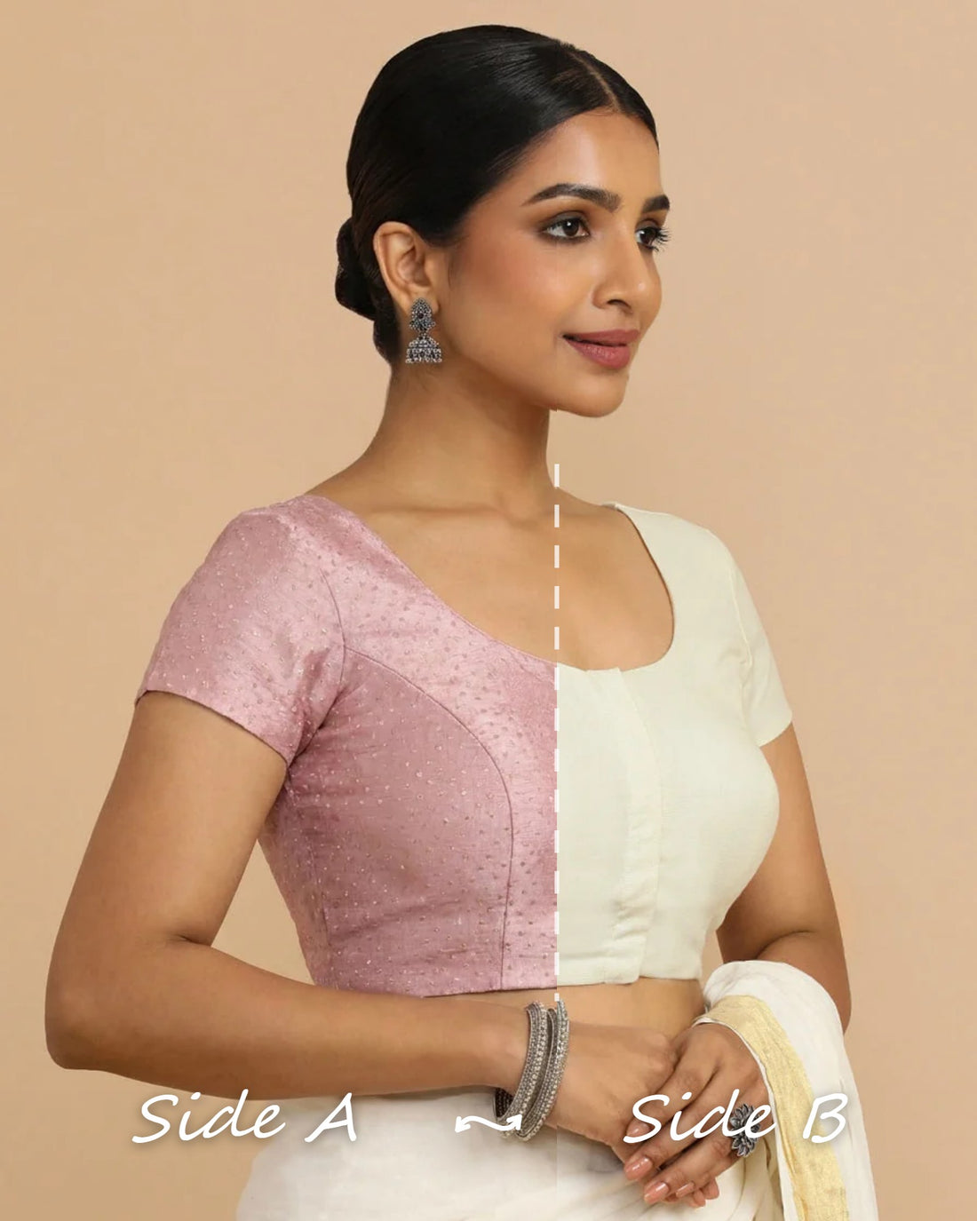 Krusha Reversible Duet | Pink × Chalk White Chandheri-Linen Saree Blouse — Side A and Side B
