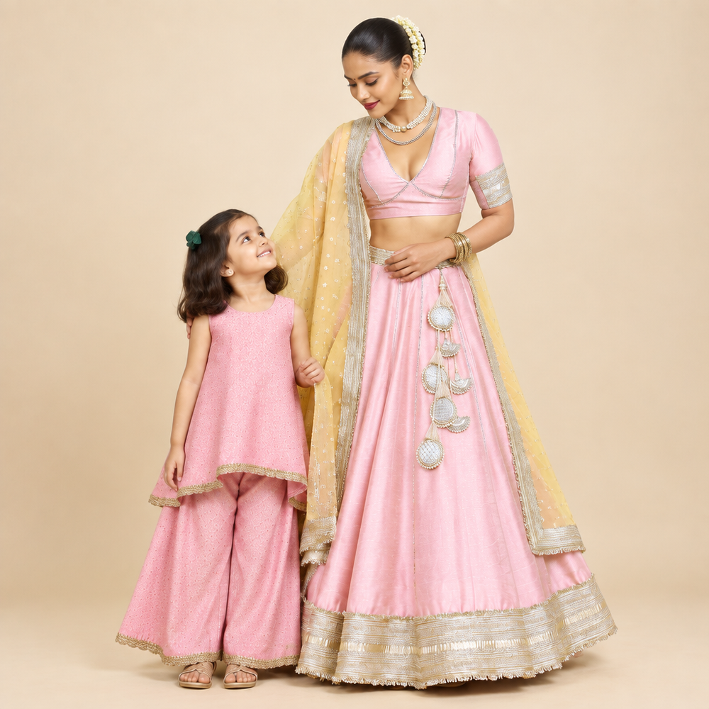 Mommy&Me | Kitty + Mehreen Pink Foil Chandheri Kurta Set & Lehenga Set Combo