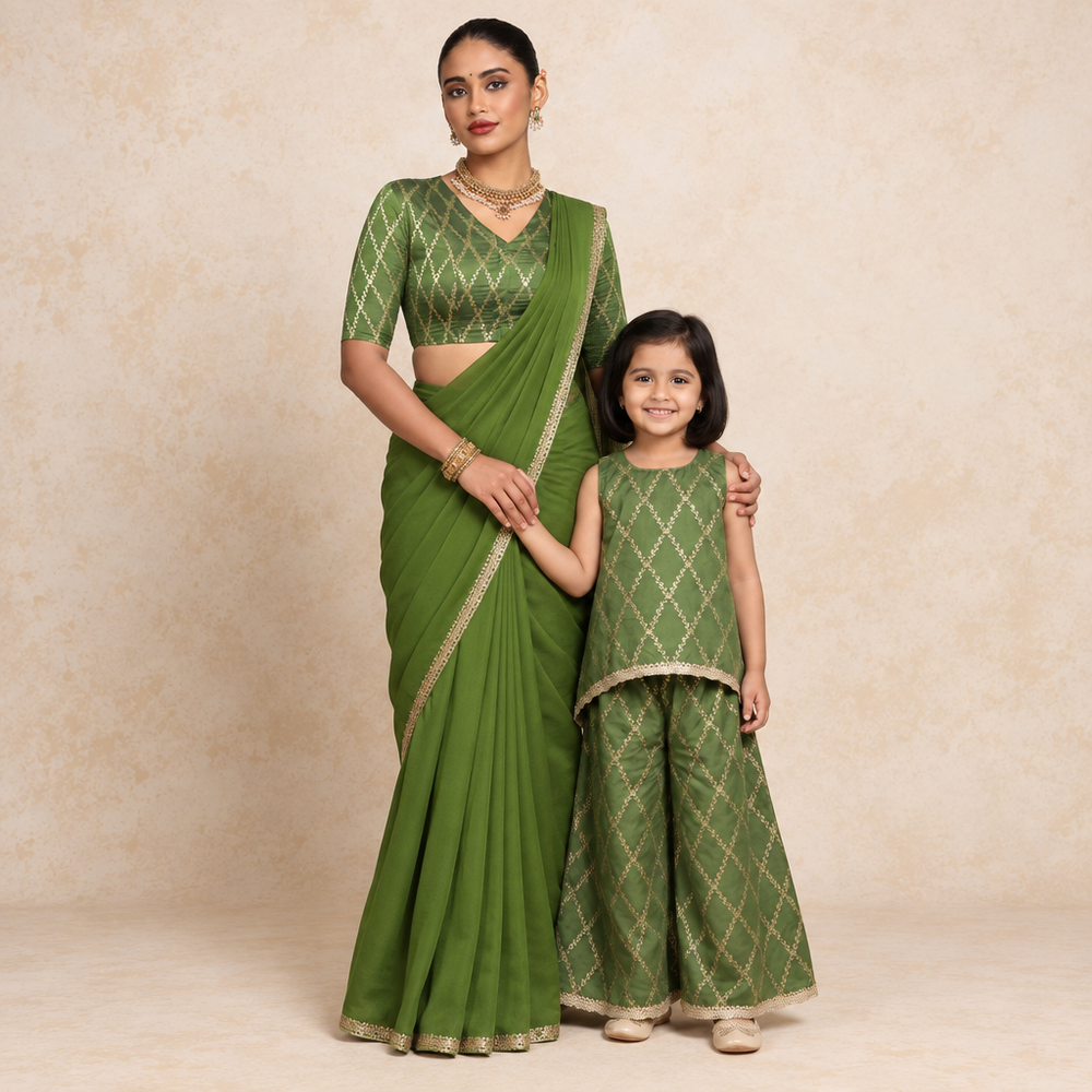Mommy&Me | Poppy + Manisha Deep Olive Vine Mesh Brocade Kurta Set & Saree Blouse Combo