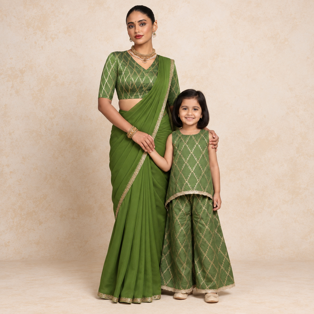Mommy & Me bundle thumbnail: Mommy&Me | Poppy + Manisha Deep Olive Vine Mesh Brocade Kurta Set & Saree Blouse Combo