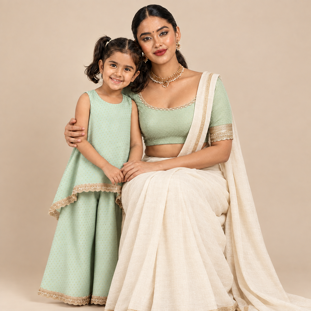Mommy&Me | Kitty + Navika Light Green Foil Chandheri Kurta Set & Saree Blouse Combo