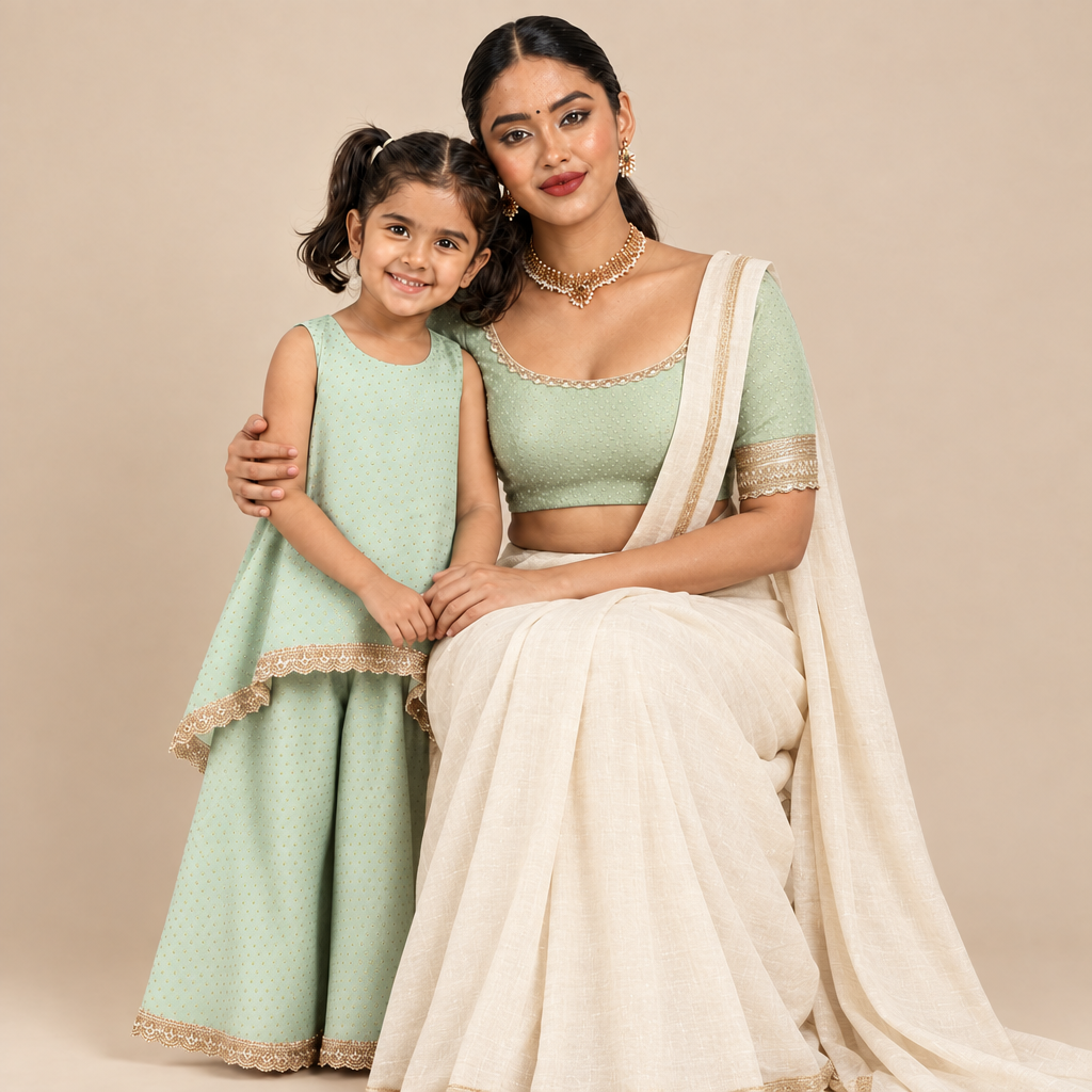 Mommy & Me bundle thumbnail: Mommy&Me | Kitty + Navika Light Green Foil Chandheri Kurta Set & Saree Blouse Combo
