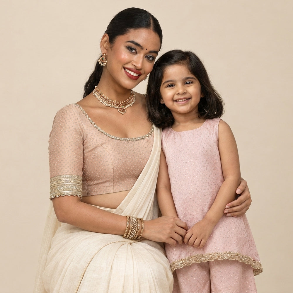 Mommy&Me | Kitty + Navika Muted Copper Foil Chandheri Kurta Set & Saree Blouse Combo