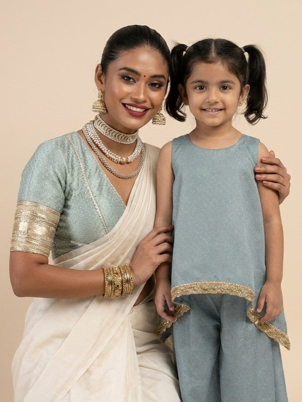 Mommy&Me | Kitty + Elira Blue Green Foil Chandheri Kurta Set & Saree Blouse Combo