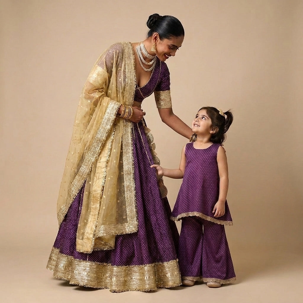 Mommy & Me bundle thumbnail: Mommy&Me | Kitty + Mehreen Purple Foil Chandheri Kurta Set & Lehenga Set Combo