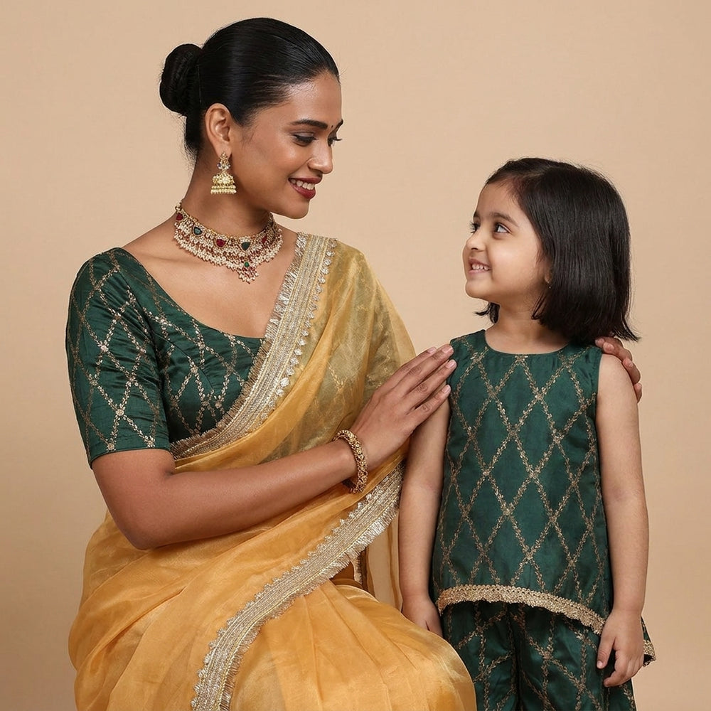 Mommy&Me | Poppy + Kumkum Dark Green Vine Mesh Brocade Kurta Set & Saree Blouse Combo