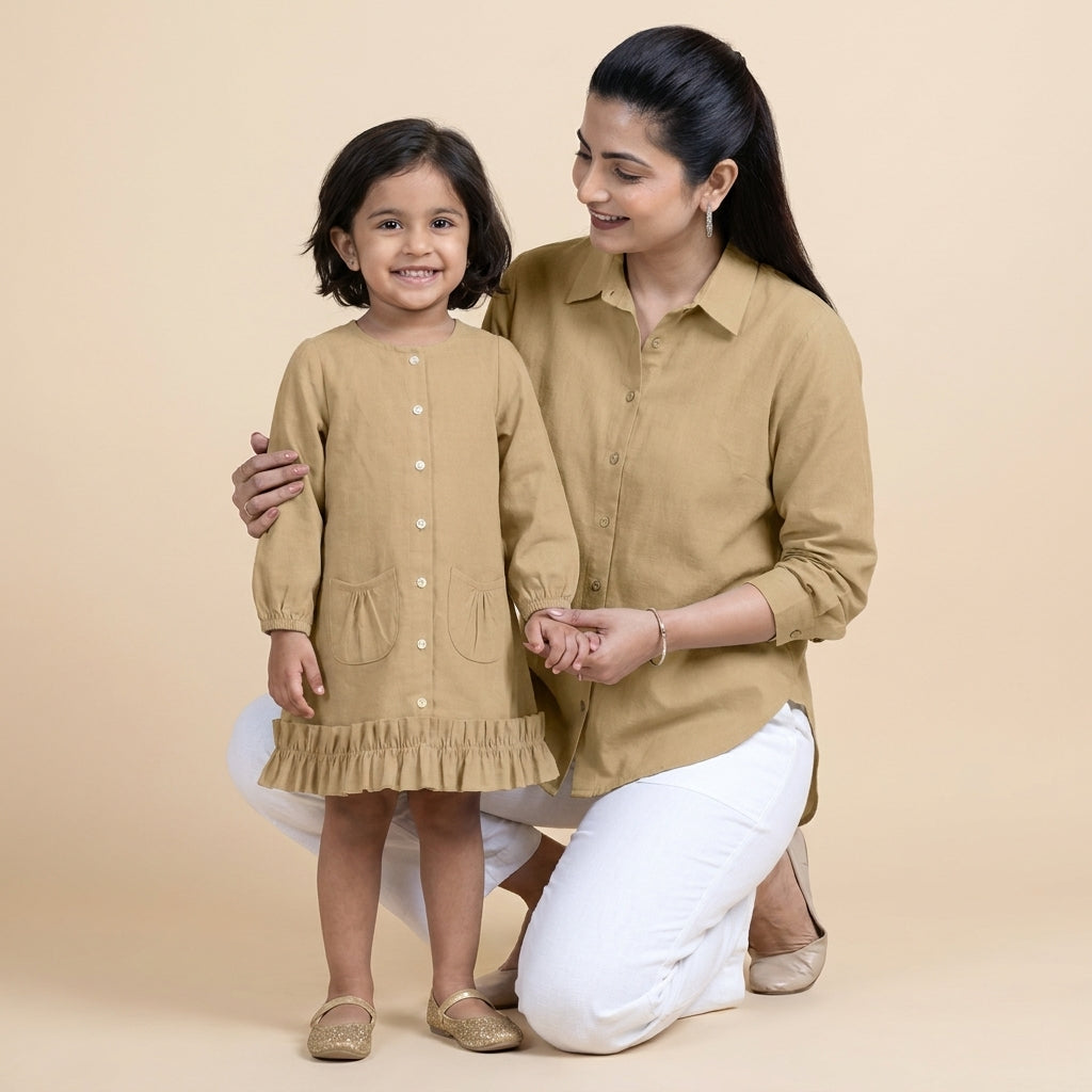 Mommy & Me bundle thumbnail: Mommy&Me | Gigi + Cecilia Ecru Beige Linen Frock & Shirt Combo