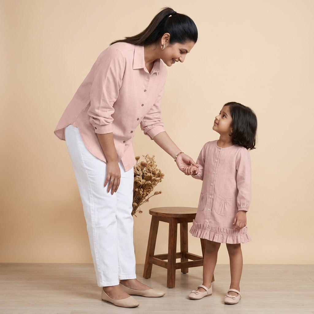 Mommy & Me bundle thumbnail: Mommy&Me | Gigi + Cecilia Misty Pink Linen Frock & Shirt Combo