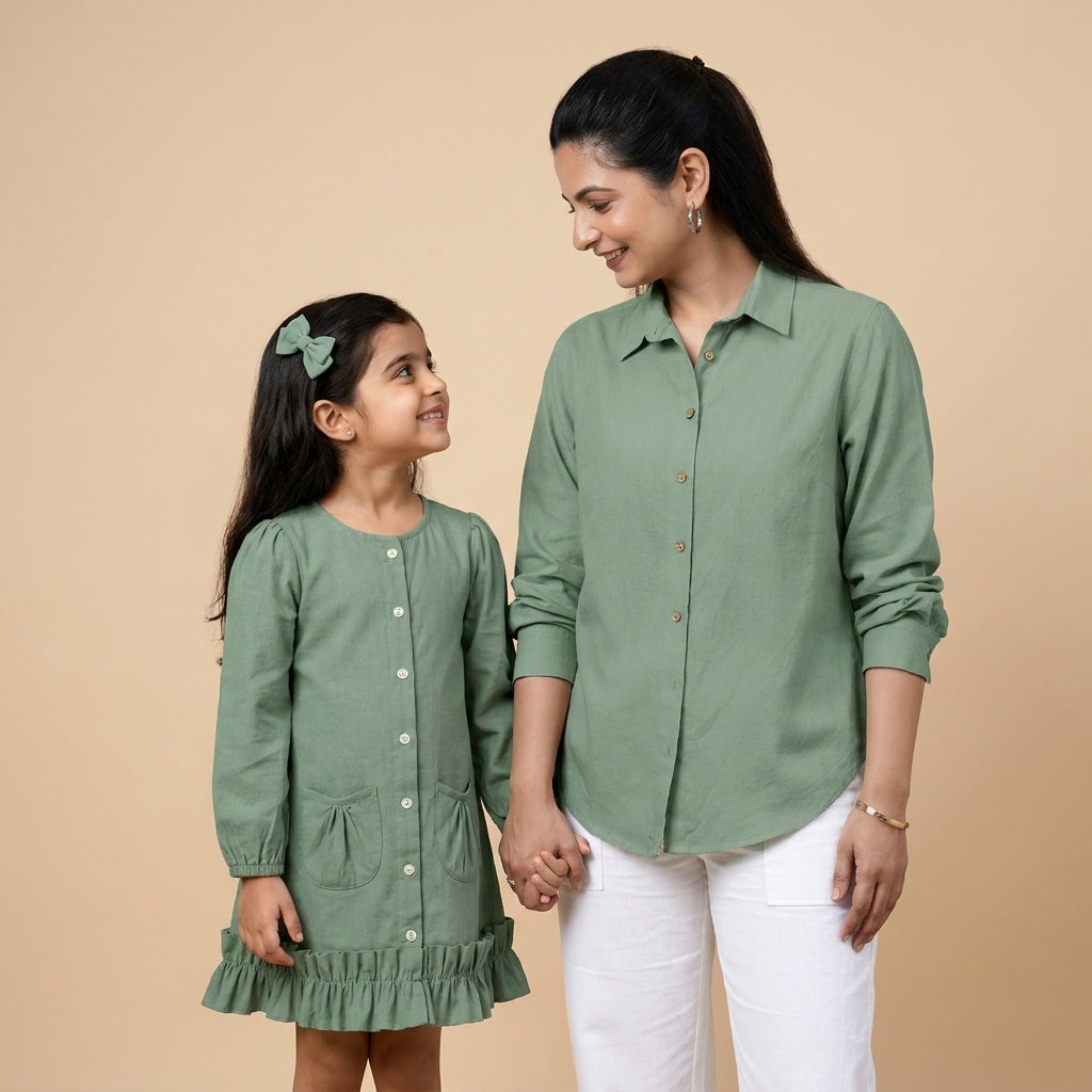 Mommy & Me bundle thumbnail: Mommy&Me | Gigi + Cecilia Peppermint Green Linen Frock & Shirt Combo