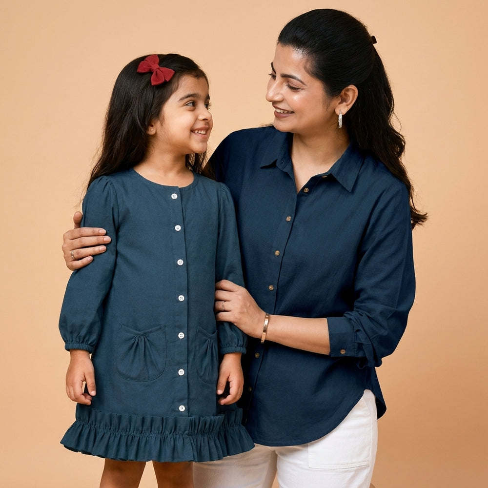 Mommy&Me | Gigi + Cecilia Regal Blue Linen Frock & Shirt Combo