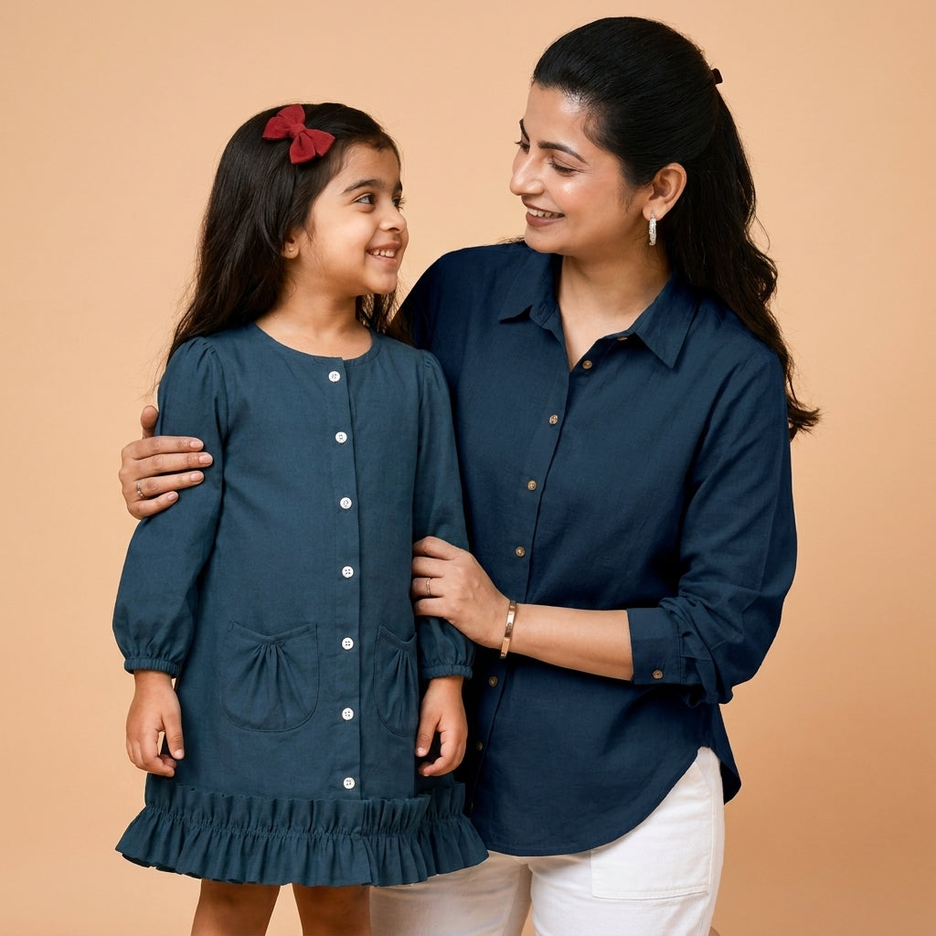 Mommy & Me bundle thumbnail: Mommy&Me | Gigi + Cecilia Regal Blue Linen Frock & Shirt Combo