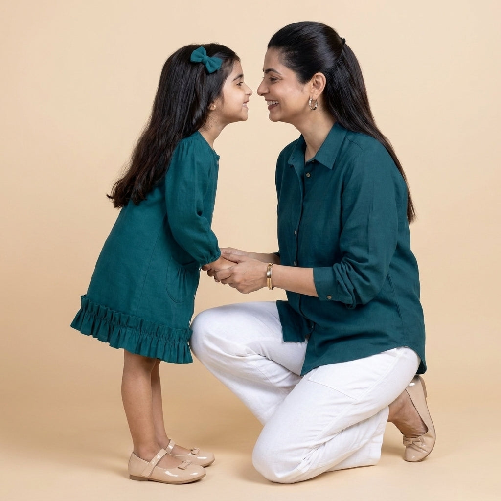 Mommy & Me bundle thumbnail: Mommy&Me | Gigi + Cecilia Teal Blue Linen Frock & Shirt Combo