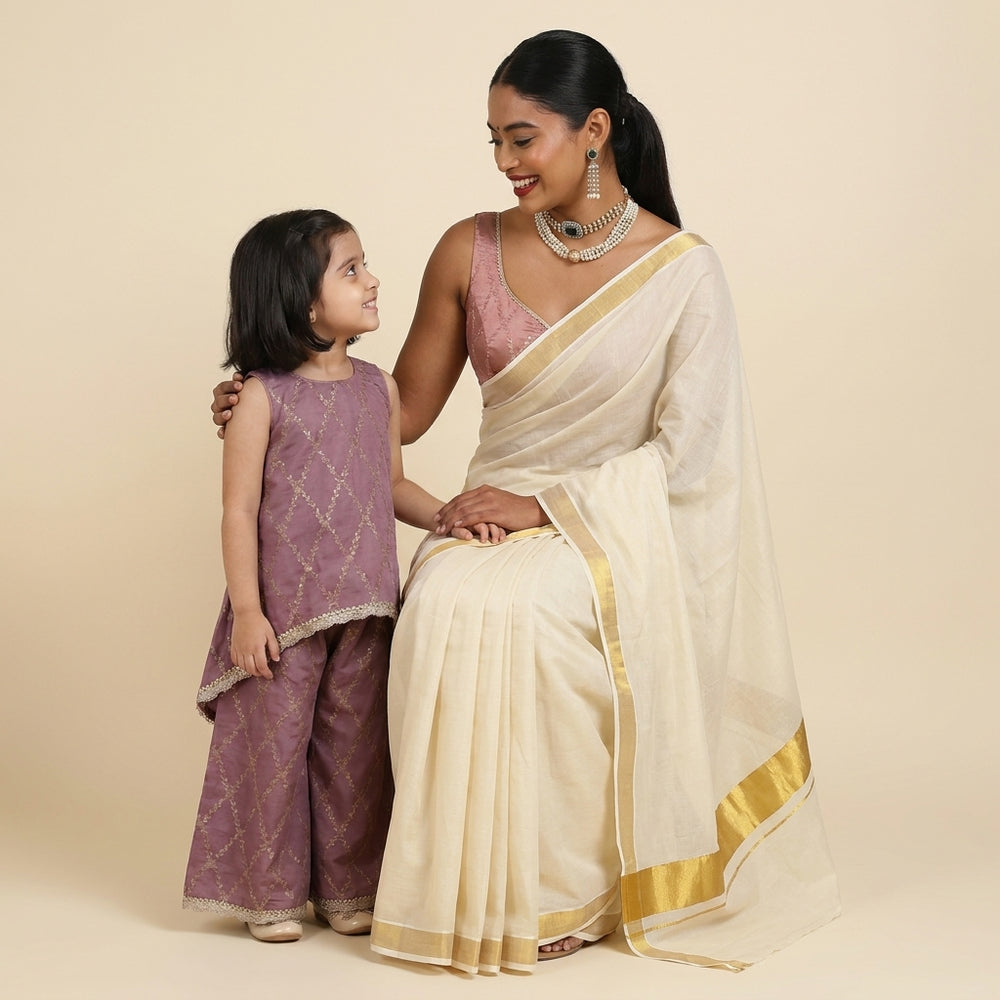 Mommy&Me | Poppy + Rivana Dusky Mauve Vine Mesh Brocade Kurta Set & Saree Blouse Combo