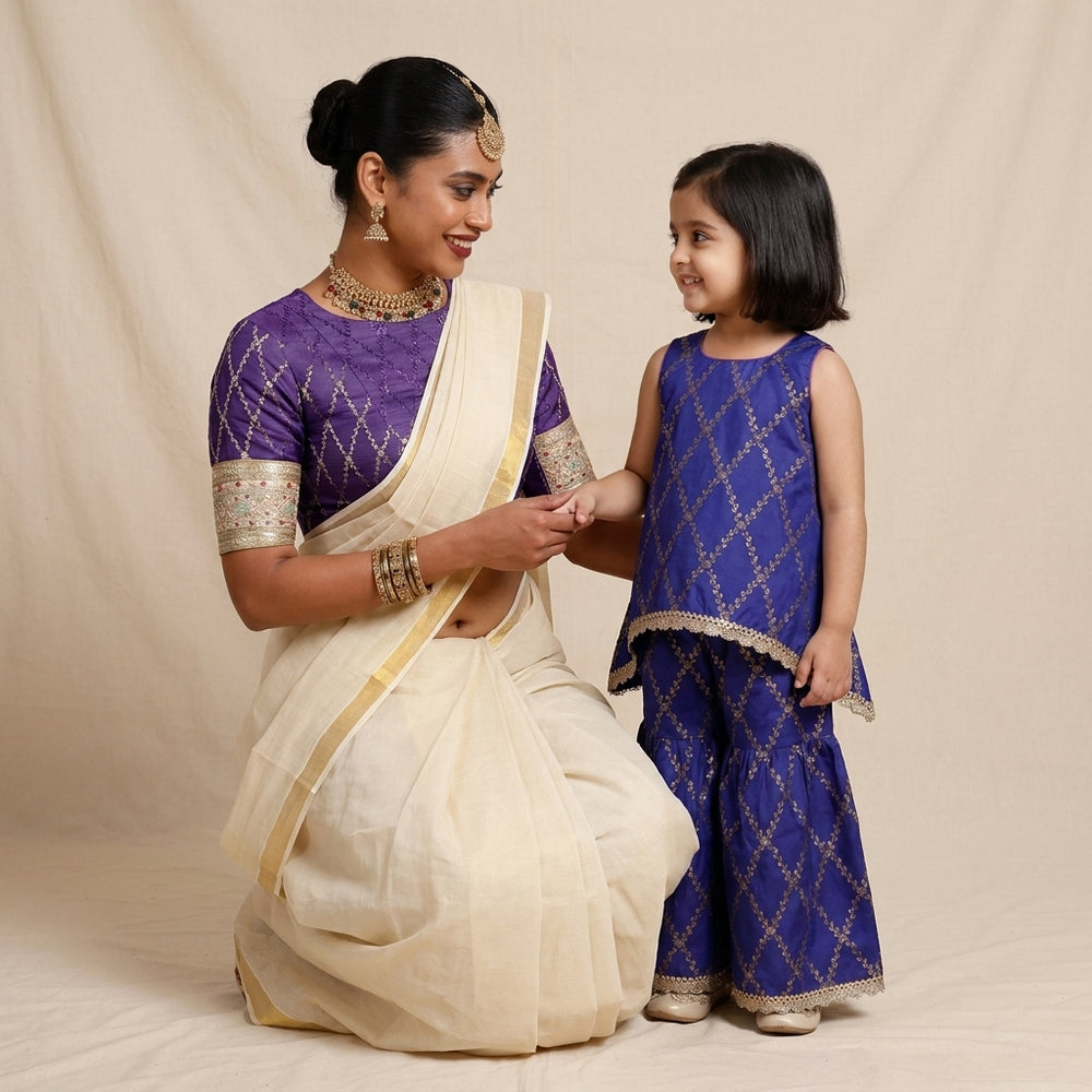 Mommy&Me | Poppy + Kashvi Regal Purple Vine Mesh Brocade Kurta Set & Saree Blouse Combo