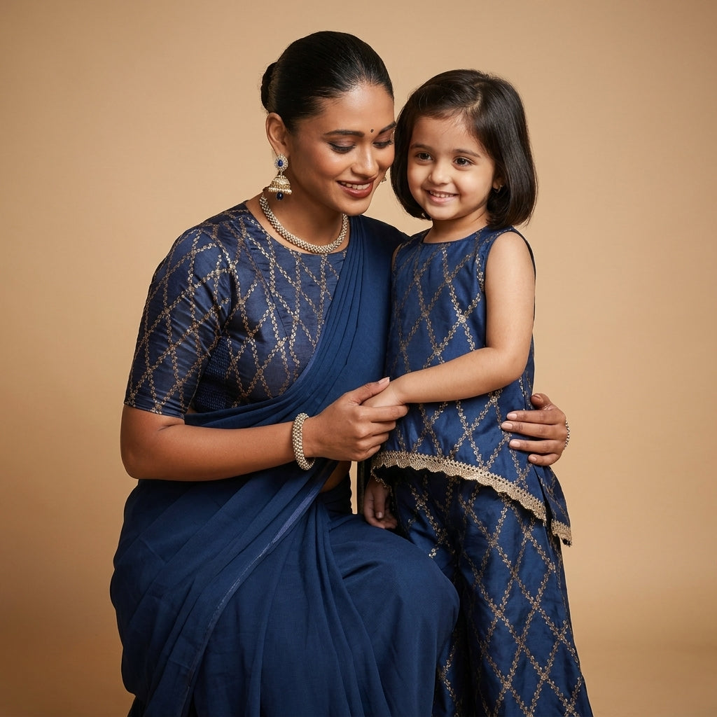 Mommy & Me bundle thumbnail: Mommy&Me | Poppy + Reena Royal Navy Vine Mesh Brocade Kurta Set & Saree Blouse Combo