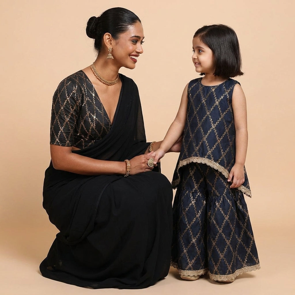 Mommy & Me bundle thumbnail: Mommy&Me | Poppy + Rubani Cosmic Black Vine Mesh Brocade Kurta Set & Saree Blouse Combo