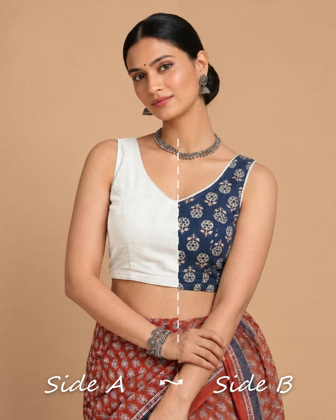 Ardha | Duet Reversible Blockprinted Indigo Flower & White Blockprinted Cotton CinchFit™ Saree Blouse — Side A and Side B