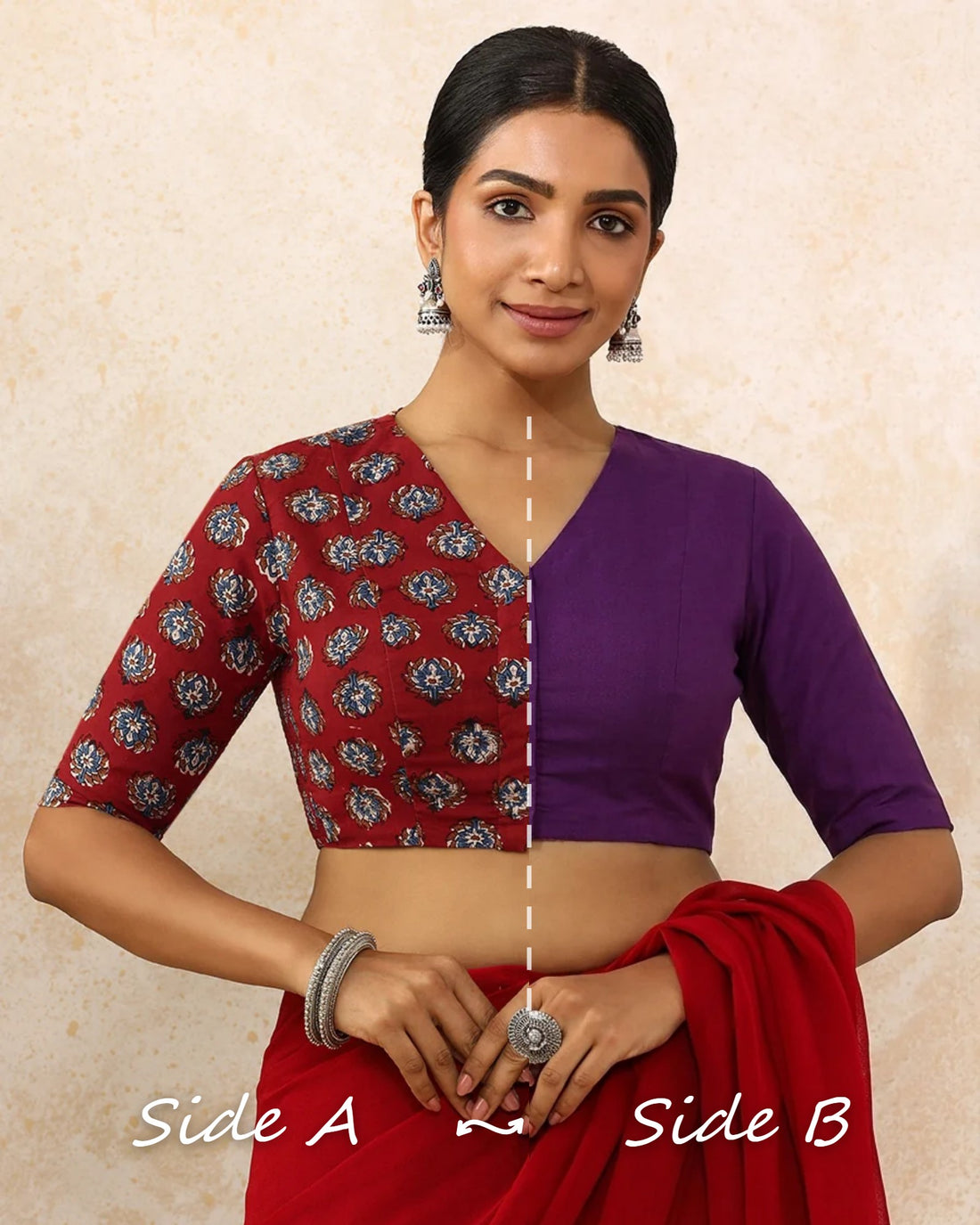 Ramona Reversible Duet | Crimson Field × Magenta Bliss Cotton Saree Blouse — Side A and Side B