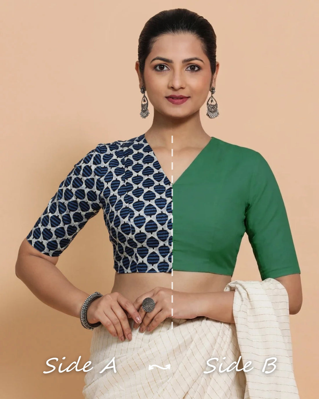 Ramona Reversible Duet | Indigo Blue Leaf × Castleton Green Cotton Saree Blouse — Side A and Side B