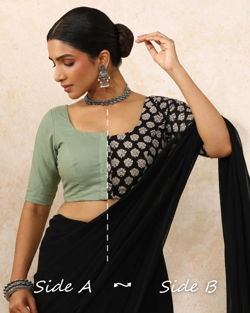 Neha Reversible Duet | Black Floral × Peppermint Green Cotton-Linen Saree Blouse