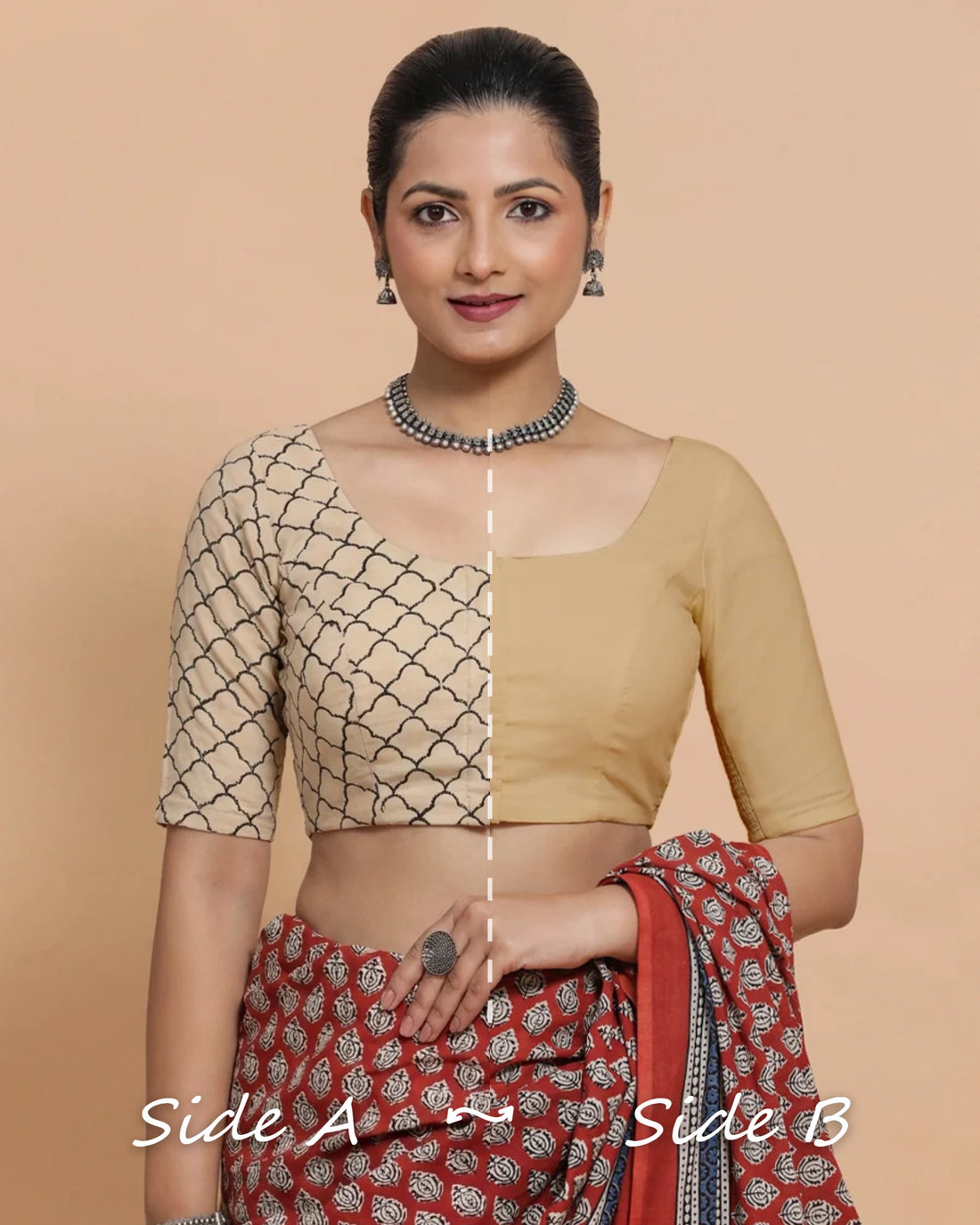 Neha Reversible Duet | Cream Fishscale × Ecru Beige Cotton-Linen Saree Blouse — Side A and Side B