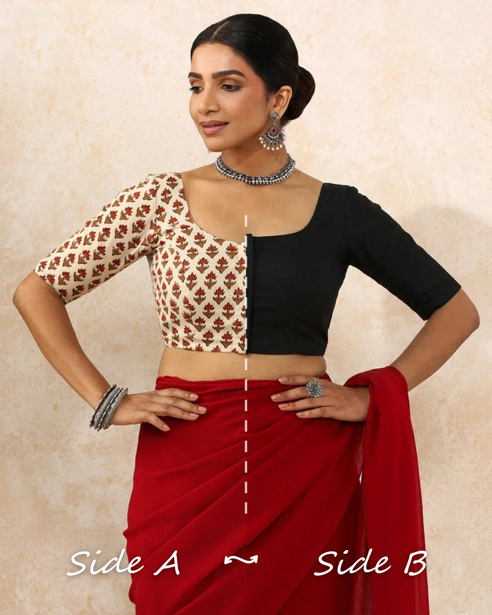 Neha Reversible Duet | Tulip Bloom Cream × Ebony Black Cotton-Linen Saree Blouse
