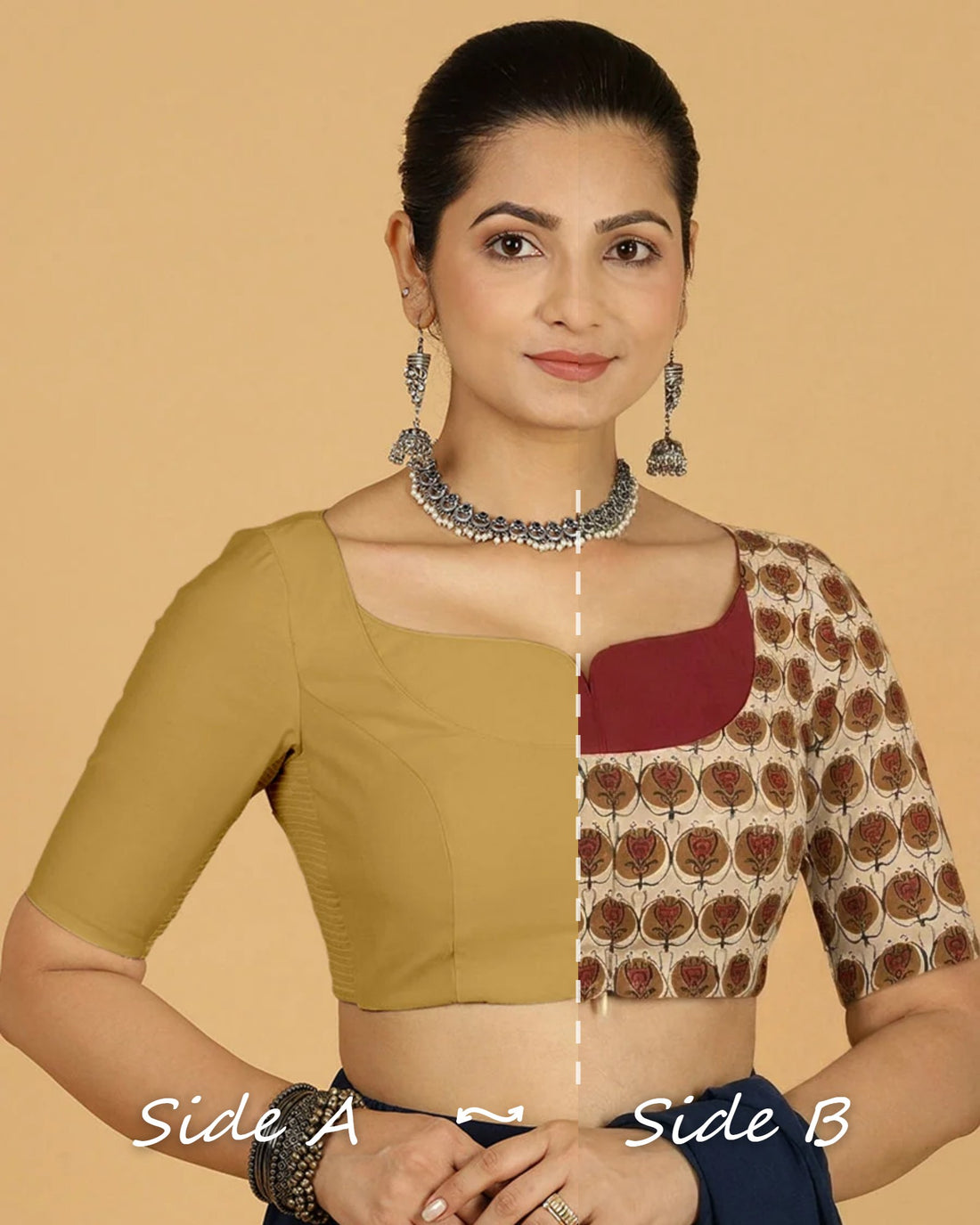 Mahua Reversible Duet | Dijon Mustard x Cream Floral Block Print Cotton Saree Blouse — Side A and Side B