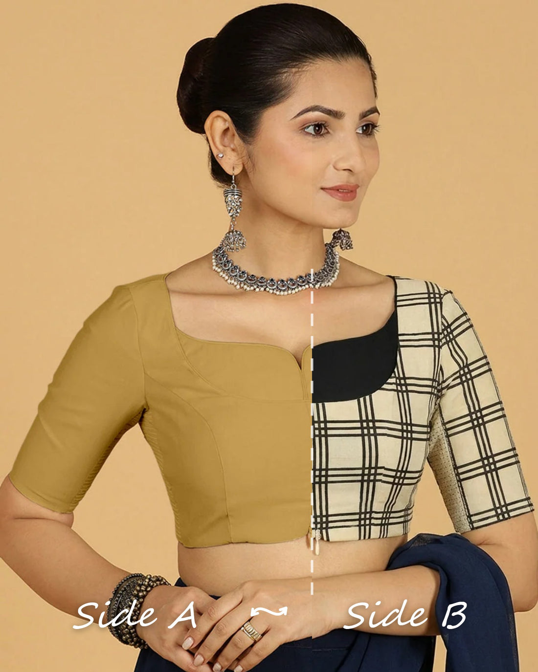 Mahua Reversible Duet | Dijon Mustard x Cream Windowpane Check Block Print Cotton Saree Blouse — Side A and Side B