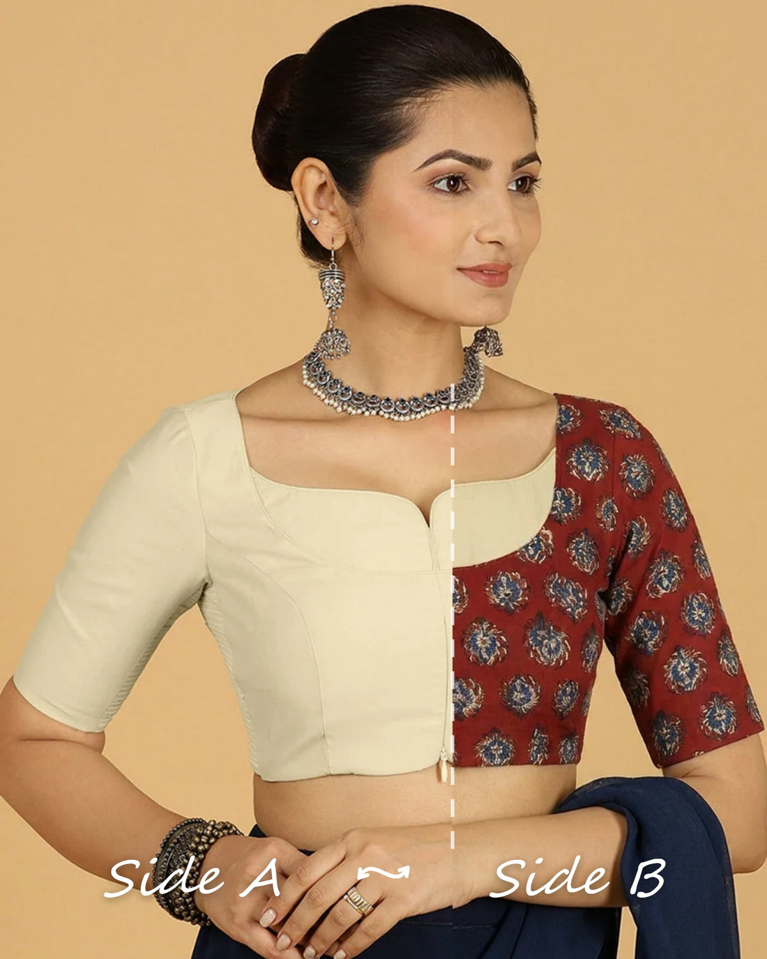 Mahua Reversible Duet | Ivory x Crimson Field Block Print Cotton Saree Blouse — Side A and Side B
