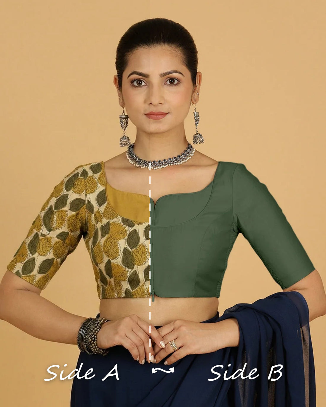 Mahua Reversible Duet | Pine Green x Olive Foliage Block Print Cotton Saree Blouse — Side A and Side B