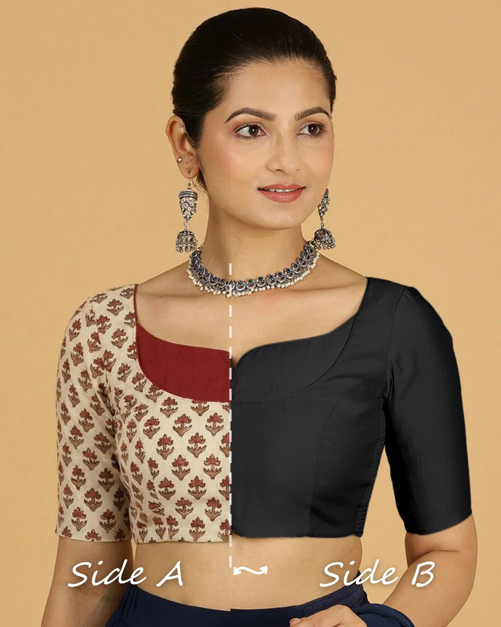 Mahua Reversible Duet | Raven Black x Tulip Bloom Cream Block Print Cotton Saree Blouse