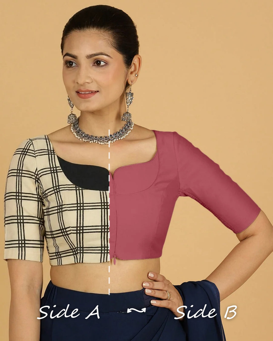 Mahua Reversible Duet | Rose Pink x Cream Windowpane Check Block Print Cotton Saree Blouse — Side A and Side B