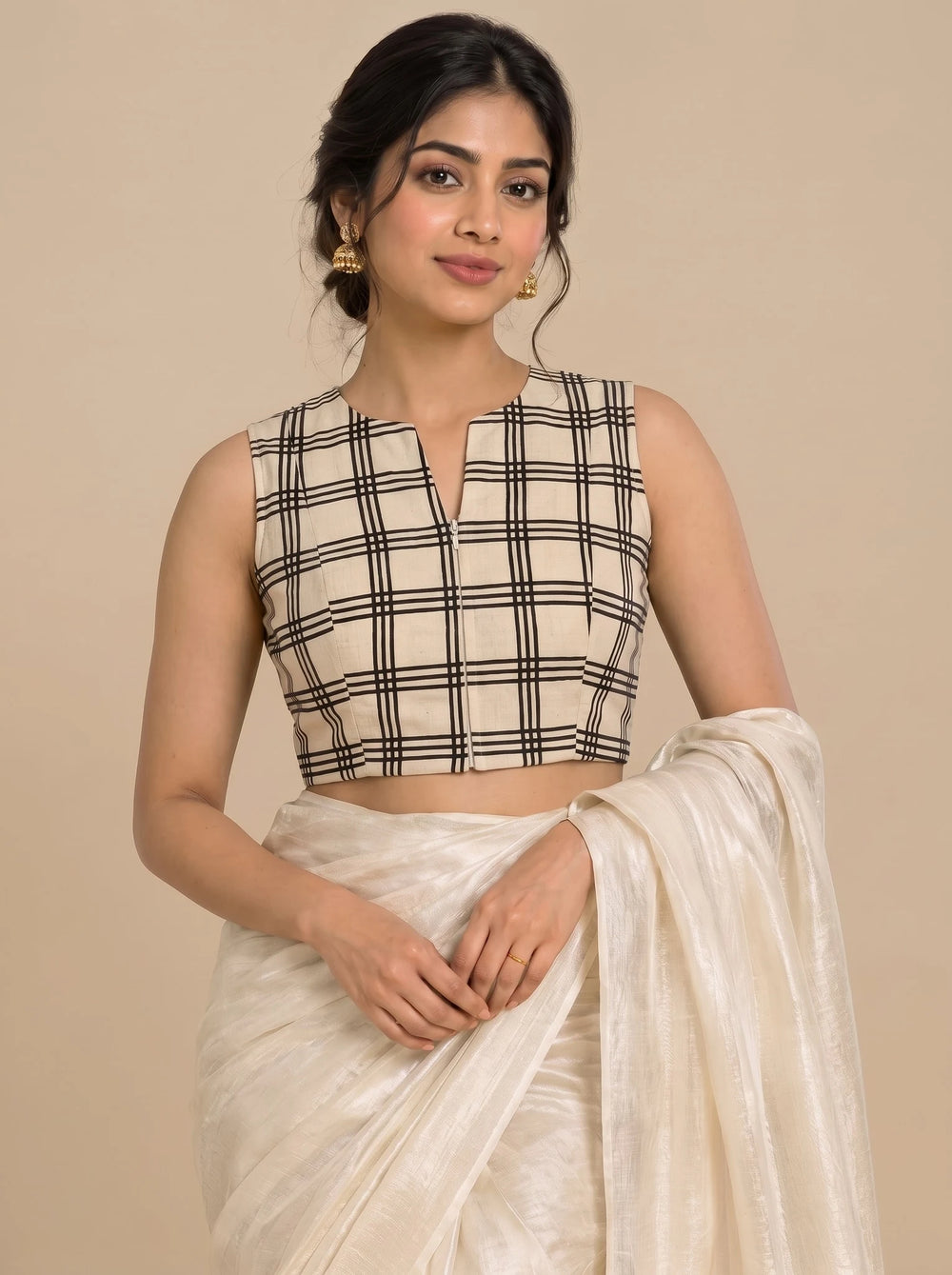 Madhvi Mood | 2-Way Zipper Sleeveless Cream Windowpane Check Handblock Printed Handblock Printed Cotton FlexiFitFit™ Saree Blouse