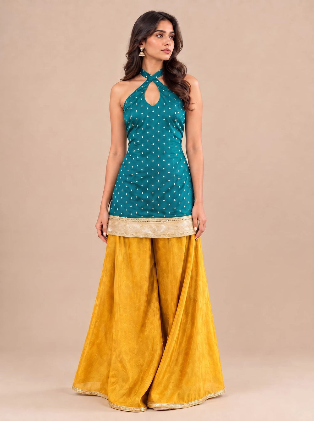 Dhyanvi | Sleeveless Royal Teal Viscose CinchFit™ Kurta Sharara Set