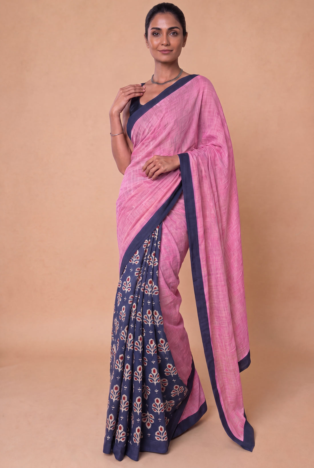 Mayuri Patchwork Blue Floral Butta Mul Cotton DrapeFit™ Saree