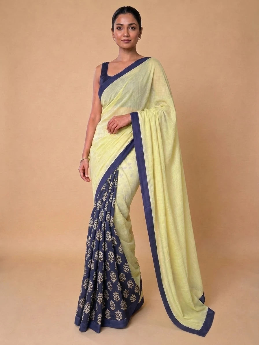 Mayuri Patchwork Blue Flower Mul Cotton DrapeFit™ Saree