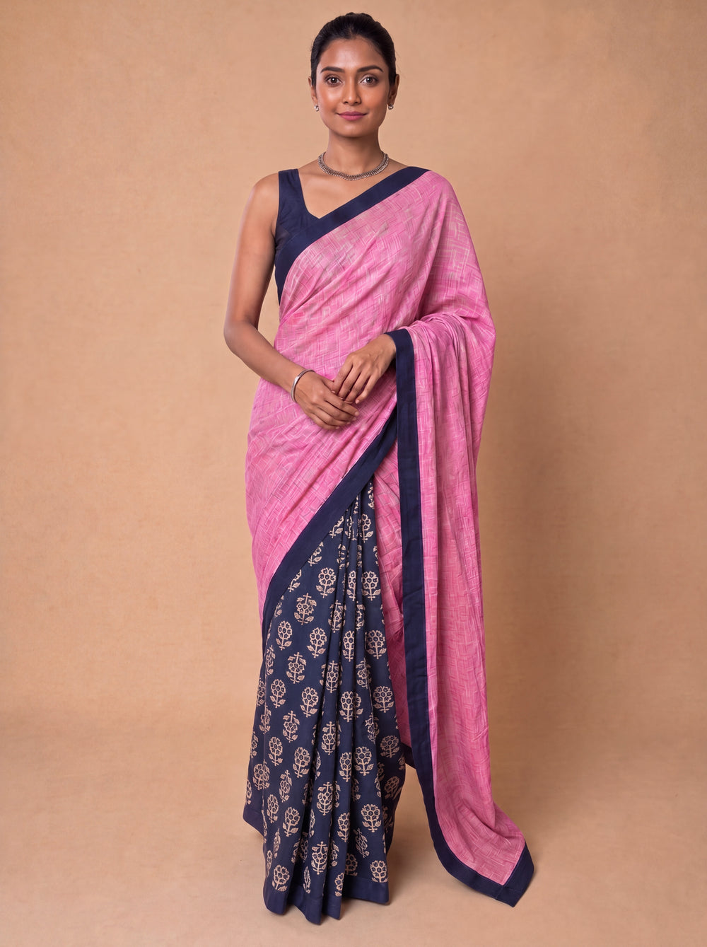 Mayuri Patchwork Blue Flower Mul Cotton DrapeFit™ Saree