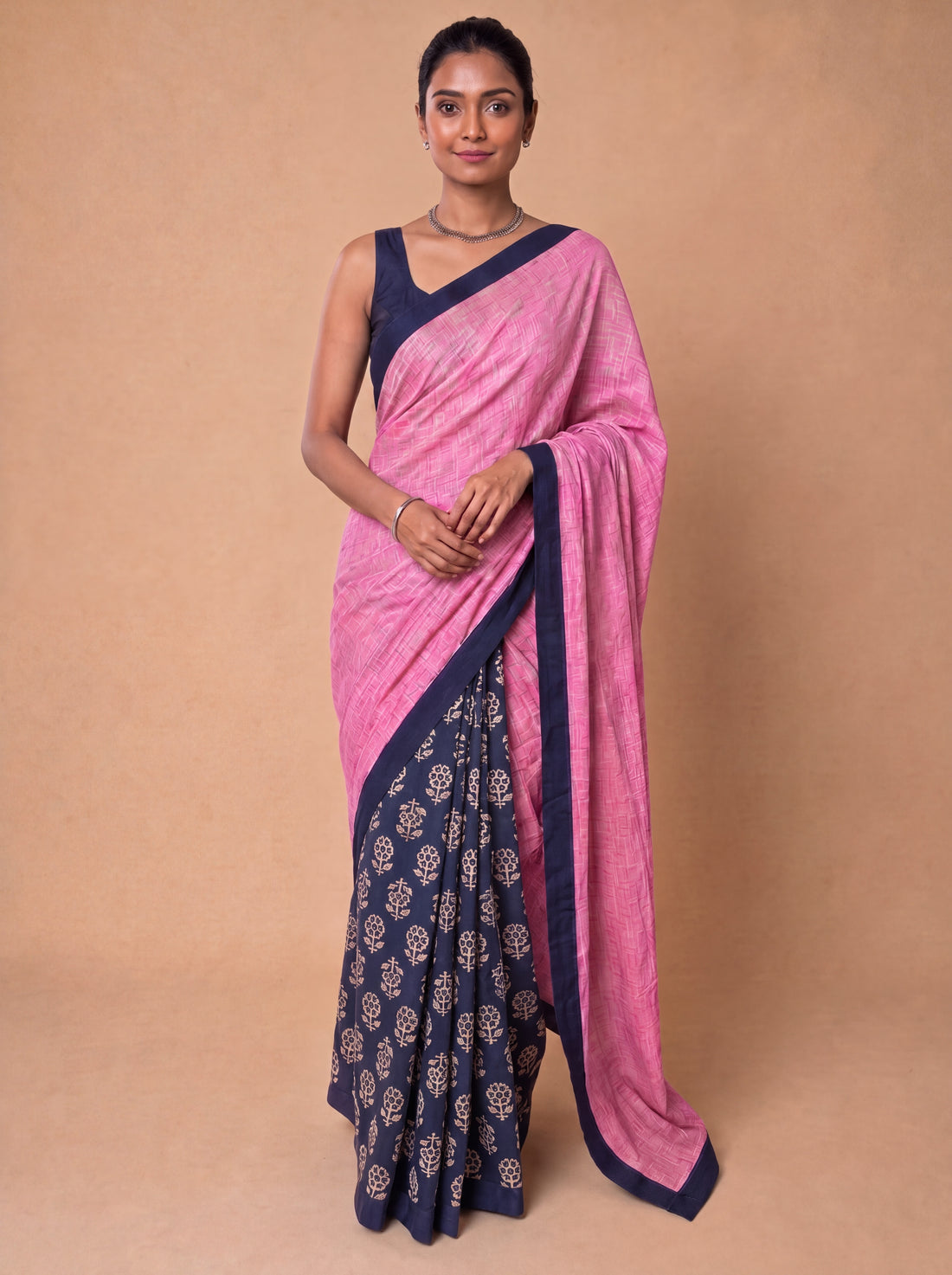 Mayuri Patchwork Blue Flower Mul Cotton DrapeFit™ Saree