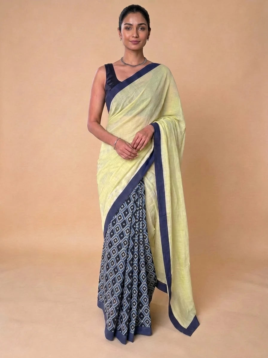 Mayuri Patchwork Blue Honeycomb Mul Cotton DrapeFit™ Saree