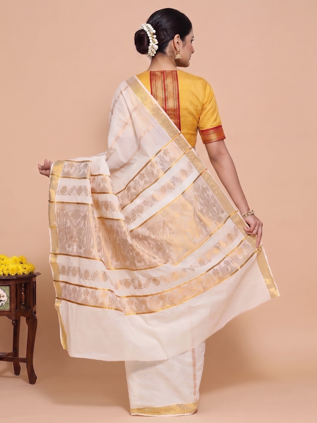 Kasavu-Kit Kasavu Saree with Varsha Sleeveless blouse in Turmeric Yellow Mangalgiri