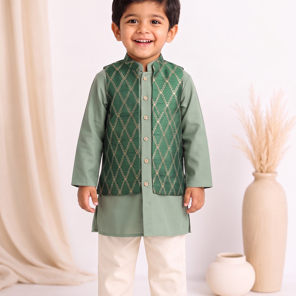 Jas x Tyohaar | Peppermint & Green Linen & Brocade Kurta Pant & Jacket Set
