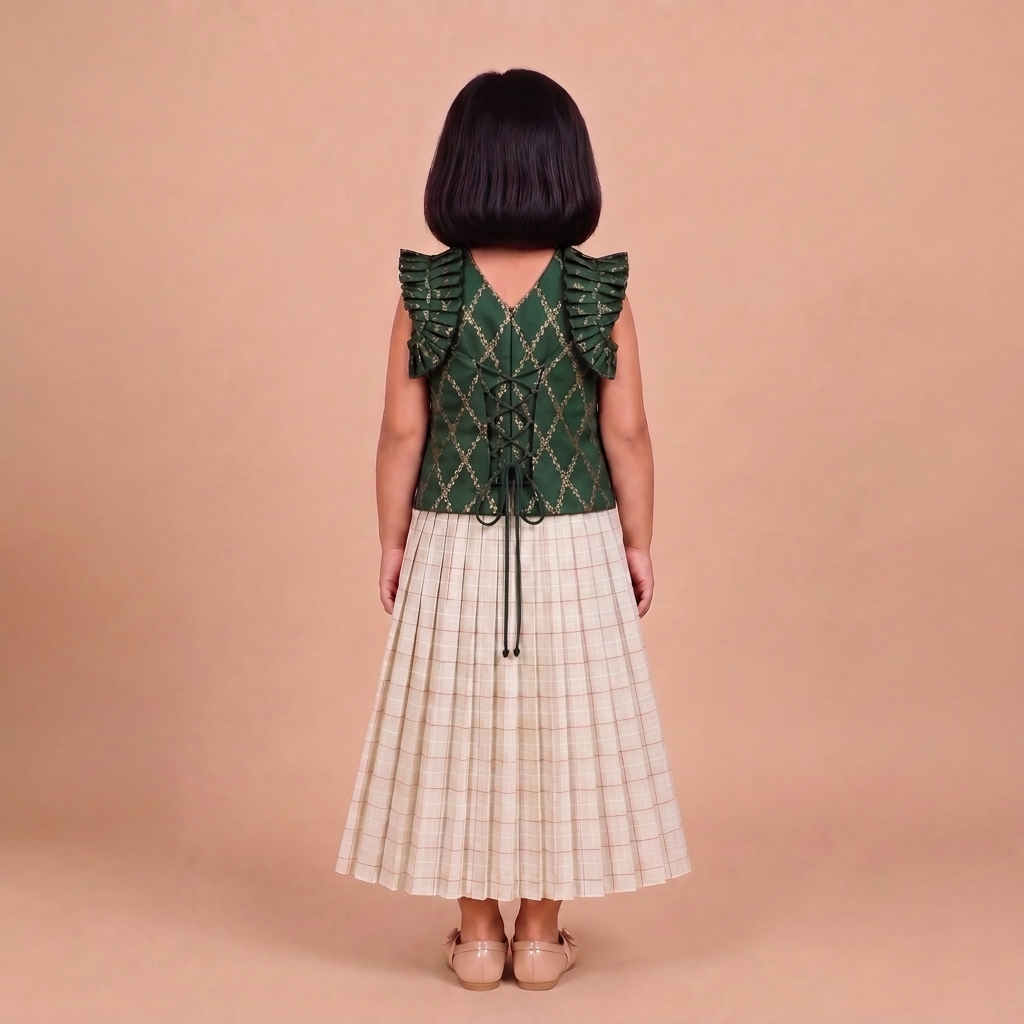 Pari x Tyohaar | Dark Green Vine Mesh Brocade Ruffle Sleeve Pattu Pavadai