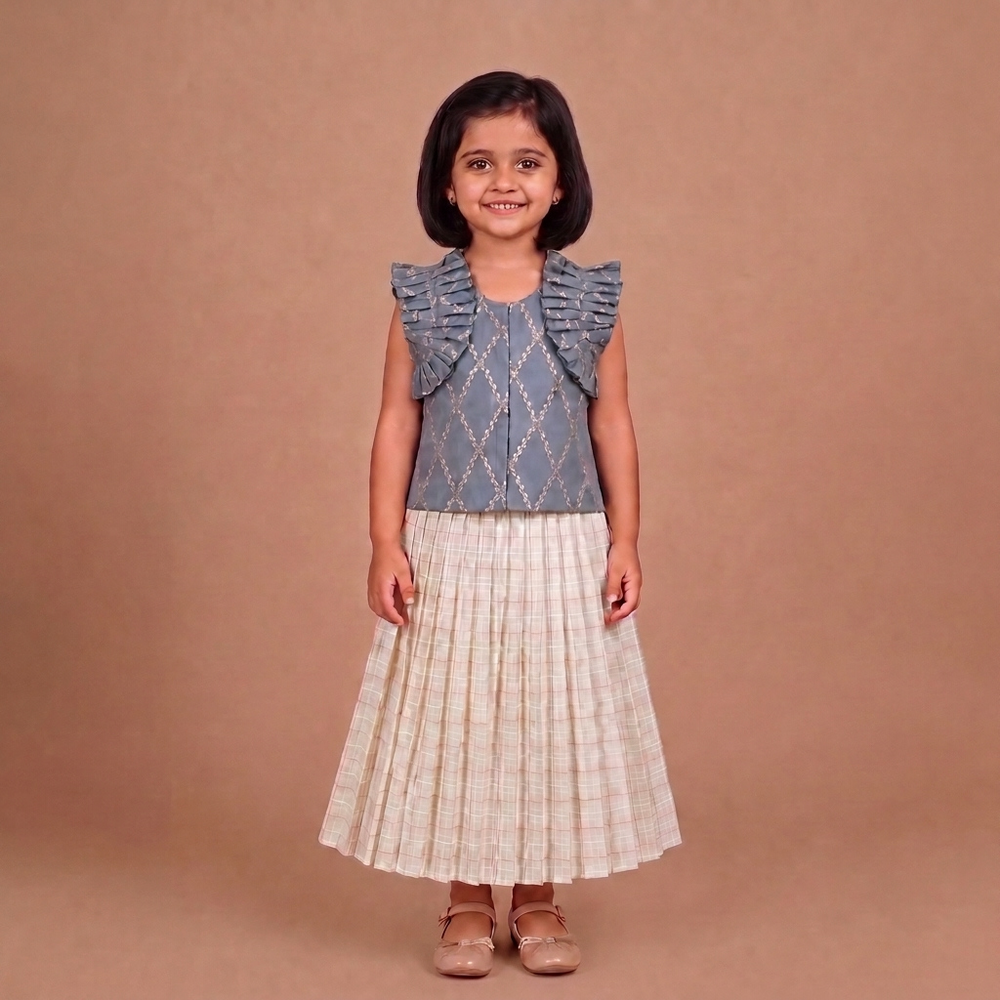 Pari x Tyohaar | Gilded Grey Vine Mesh Brocade Ruffle Sleeve Pattu Pavadai