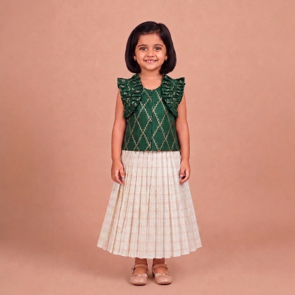 Pari x Tyohaar | Emerald Green Vine Mesh Brocade Ruffle Sleeve Pattu Pavadai